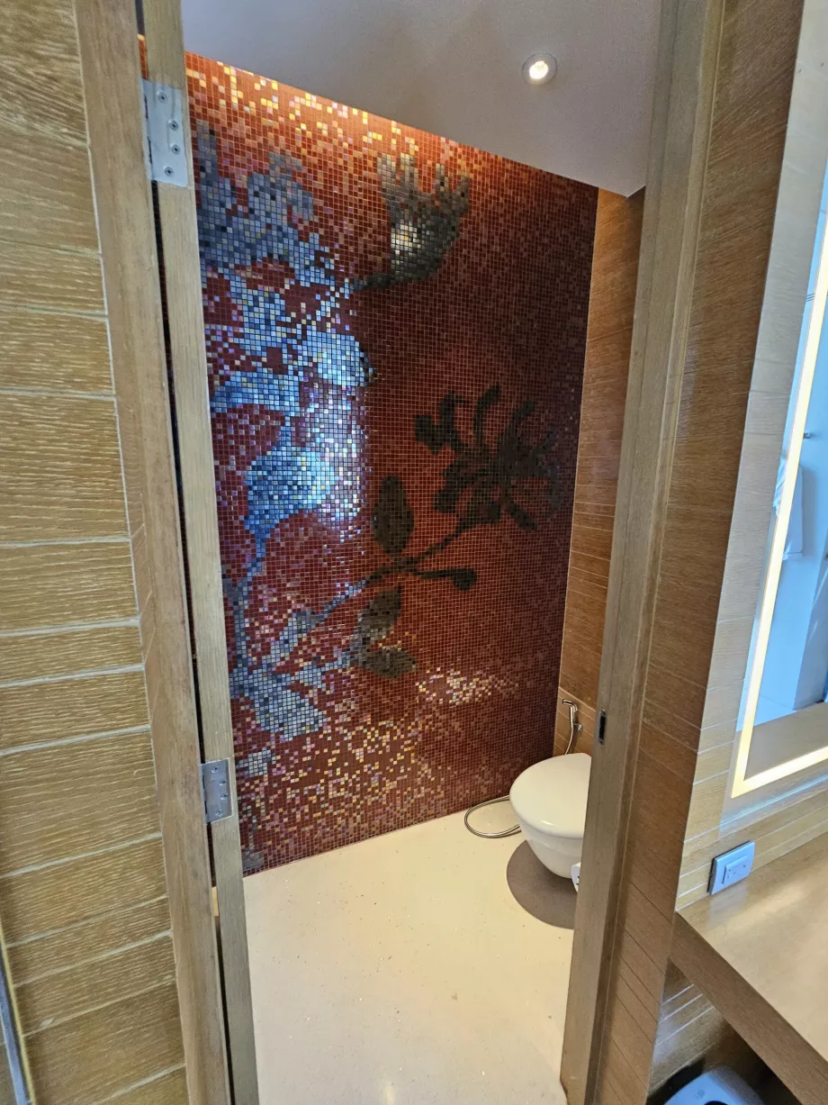 Toilette durch eine Tür vom Badezimmer getrennt