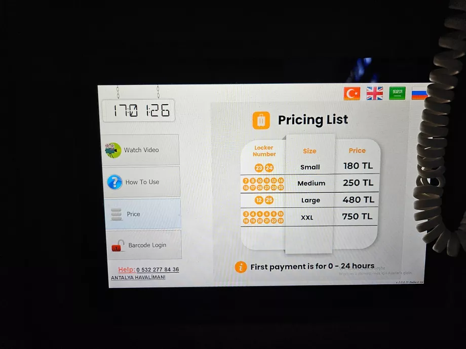 Preisliste für die Gepäckaufbewahrung