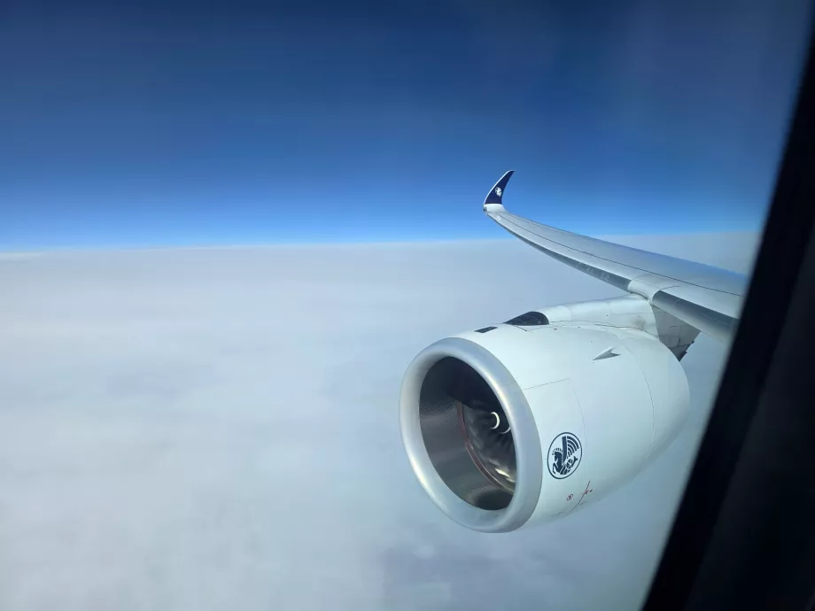 Ein Blick auf das Triebwerk und den Flügel