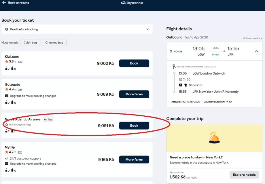 Auswahl einer Website für Fluggesellschaften