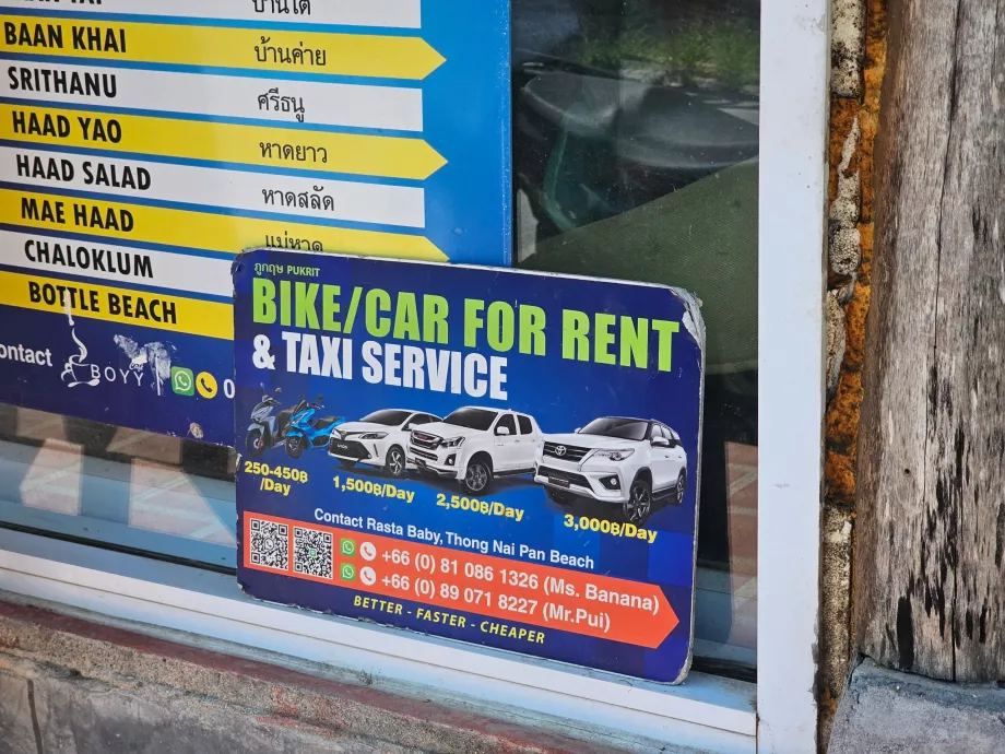 Preise für Motorroller und Mietwagen