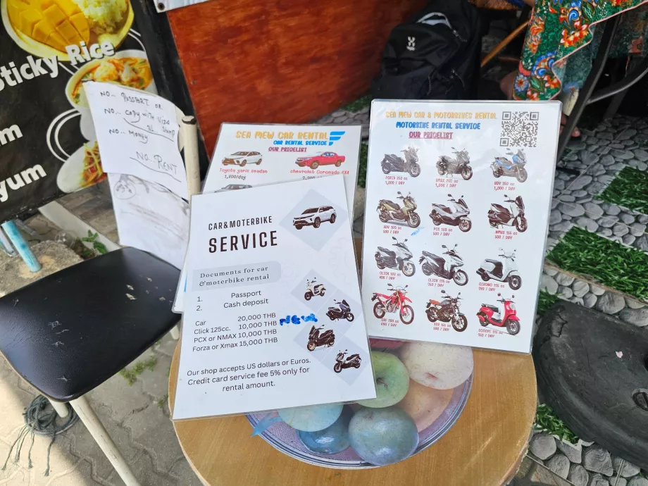 Preisliste für die Vermietung von Motorrollern