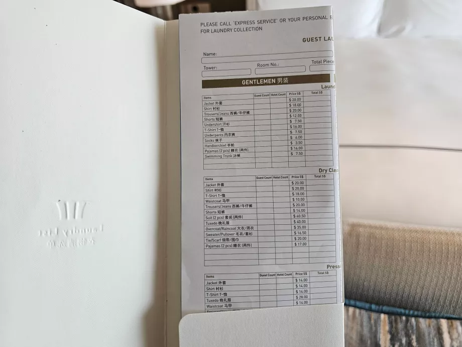 Preisliste der Wäscherei