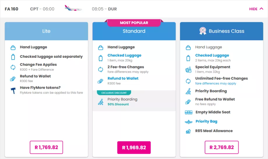 FlySafair-Tarifklassen
