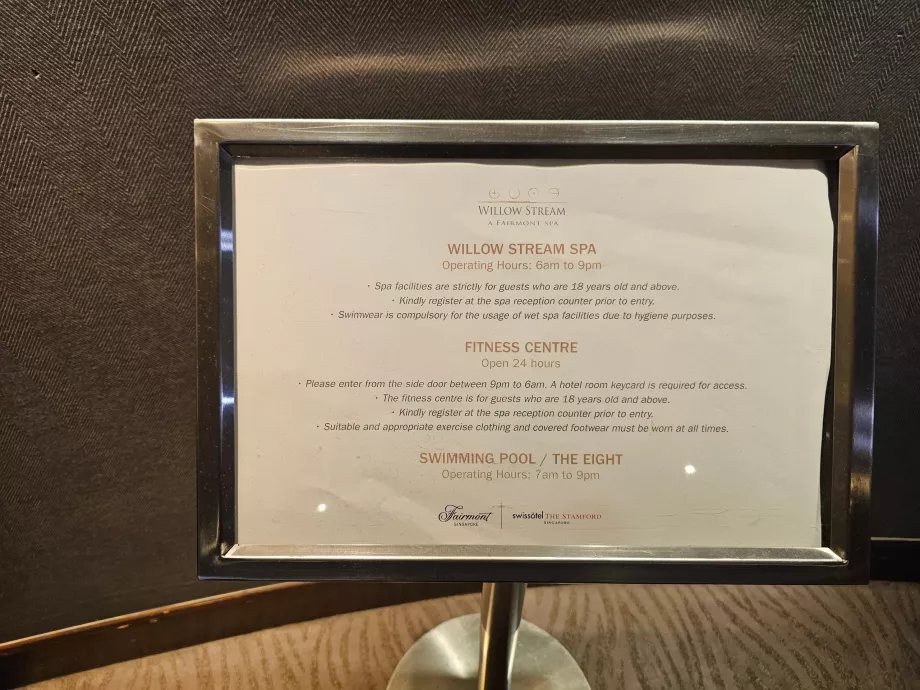 Öffnungszeiten von Schwimmbad, Fitnessraum und Spa