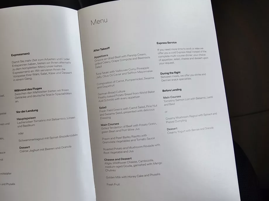 Menü auf dem täglichen Flug