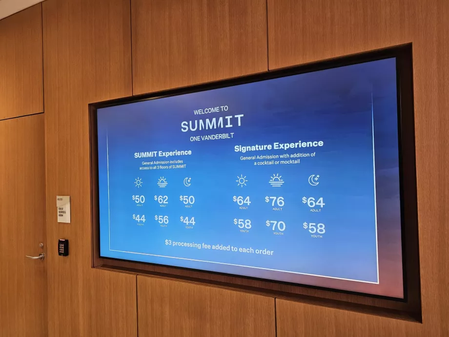 Summit One Vanderbilt, Preisliste