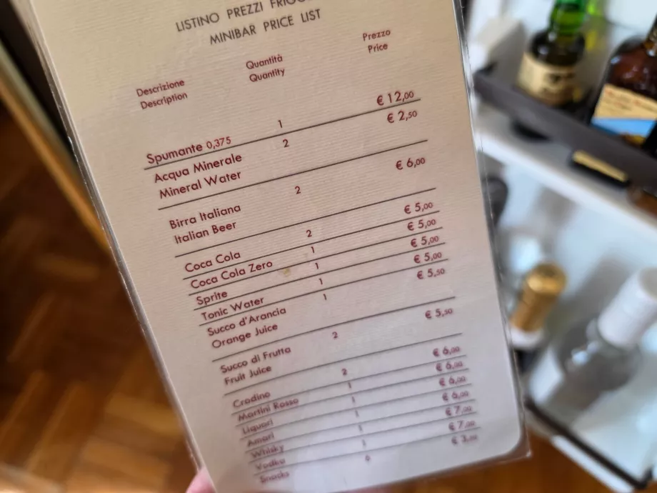 Preisliste der Minibar