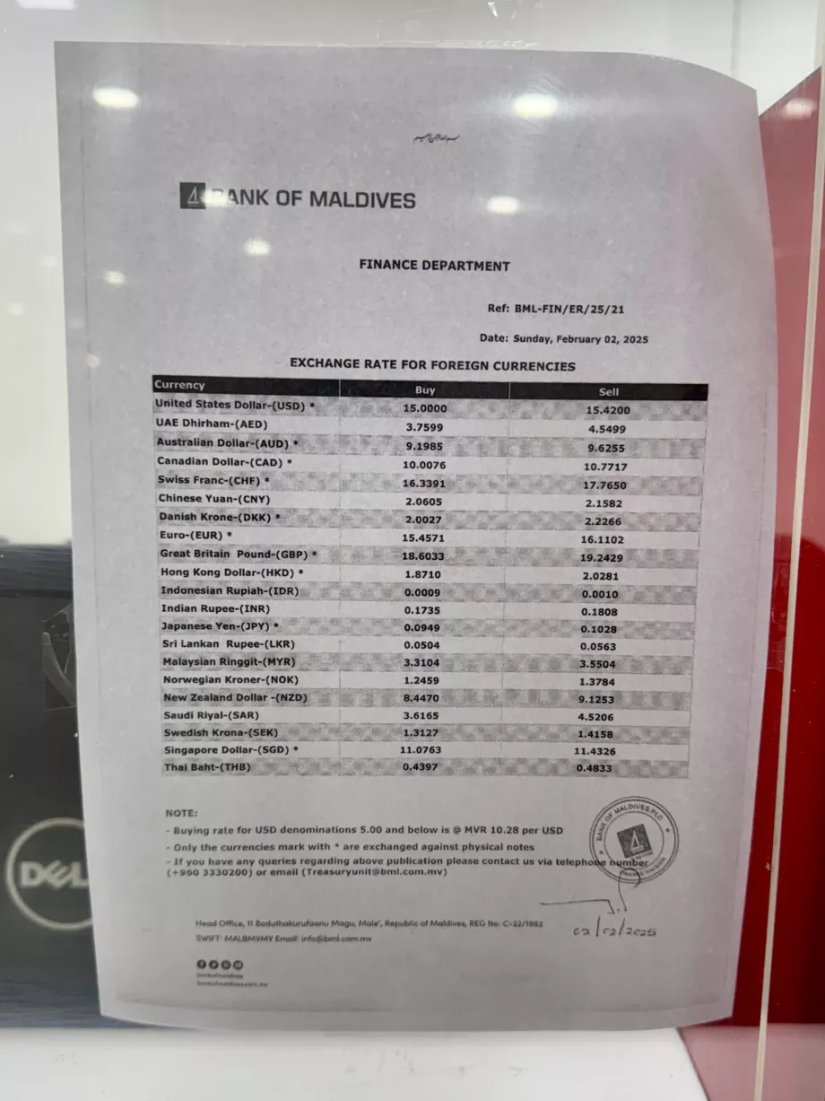 Wechselkursticket Bank of Maldives Malé MLE