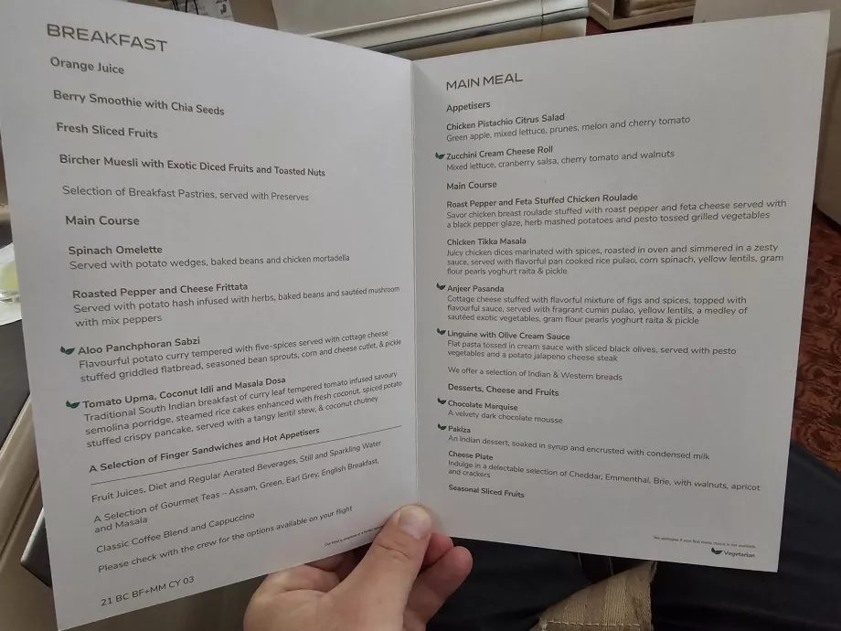 Menü auf dem Flug DEL-MEL