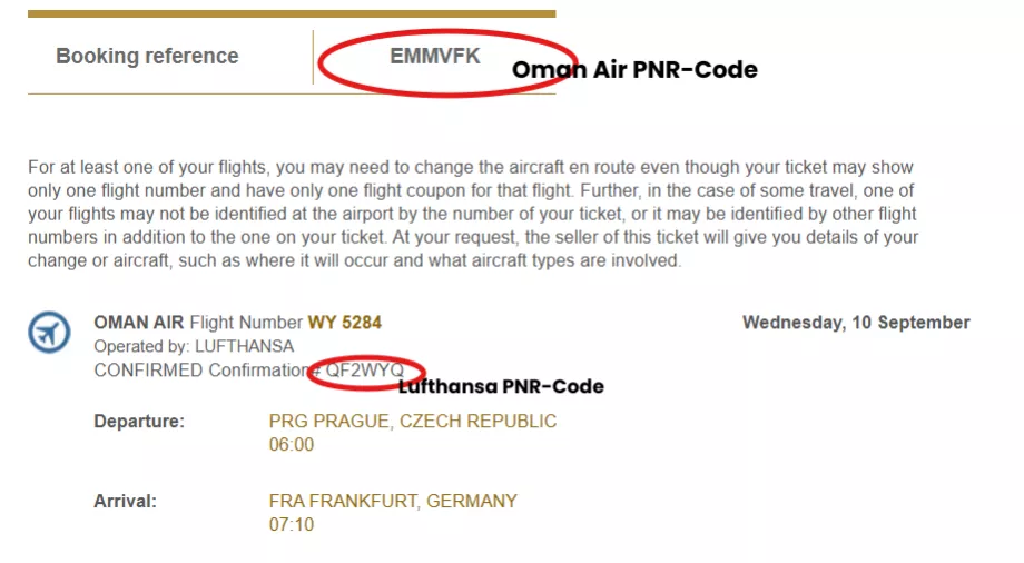 Beispiel für zwei PNR-Codes von zwei Fluggesellschaften